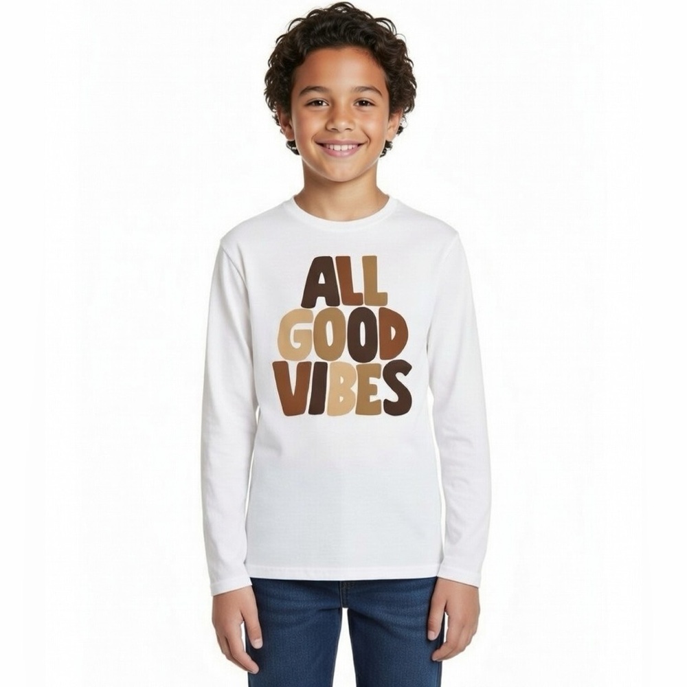 White Long Sleeve Tee with 'All Good Vibes' Print unisex sz 10/12 - Picture 1 of 4